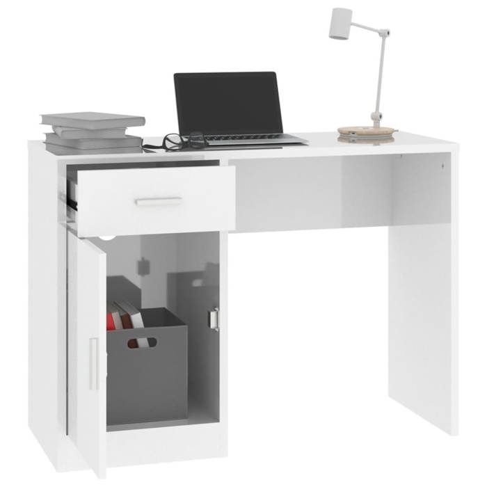 Bureau avec tiroir - GKK - et armoire Blanc brillant 100x40x73 cm - multi-rangements - Desgin moderne @421