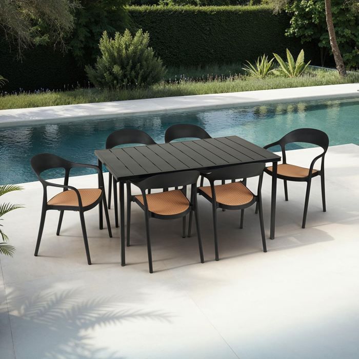 Ensemble table et chaises de jardin LAVANDA noir empilables résistantes aux intempéries et aux UV Ensemble table et chaises de jardin LAVANDA noir empilables résistantes aux intempéries et aux UV