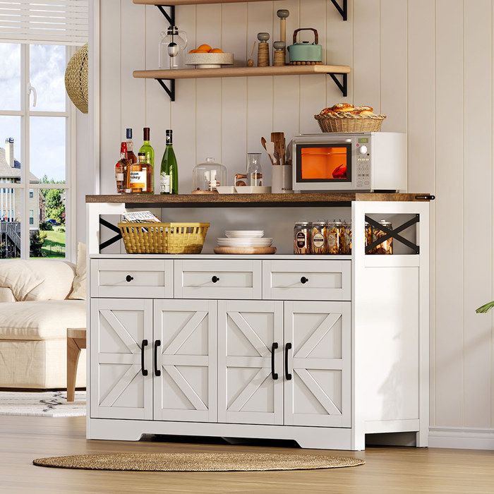 Buffet avec rangement bar à café avec 3 tiroirs console de style cottage avec portes Armoires avec étagères Blanc+Marron 140 cm Buffet avec rangement bar à café avec 3 tiroirs console de style cottage avec portes Armoires avec étagères Blanc+Marron 140 cm