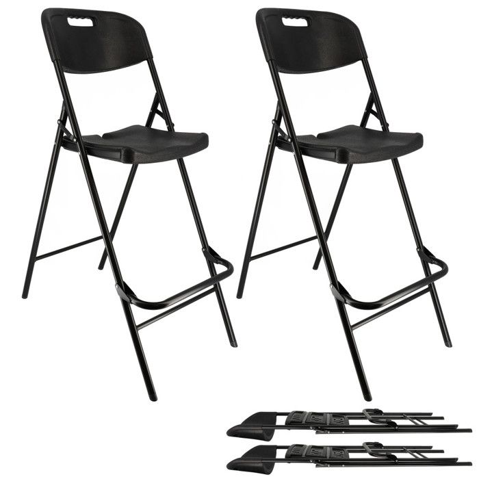 Lot de deux chaises de bar pliantes noires - Ht 120cm - Chaises hautes pliantes - Cadre en acier - avec dossier et repose pied