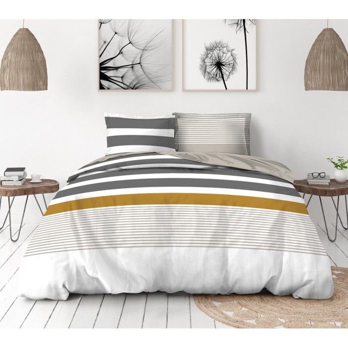 Housse de couette et deux taies percale de coton (240 x 220 cm) Belor Verte - Linge de lit