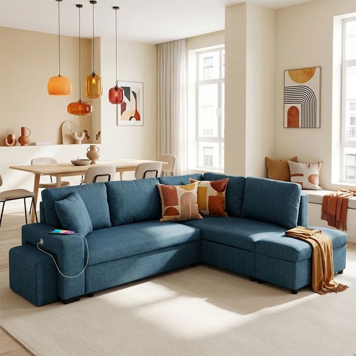 VEGA Canapé dangle reversible convertible Bleu MARINE (tissu texturé) - Taille L - 5 places - 258 x 157 x 83