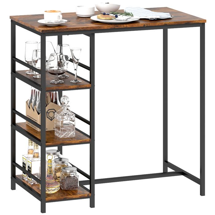 Table de bar - HOMCOM - avec 3 étagères de rangement et cadre en acier - 90 x 50 x 90 5 cm - brun rustique noir