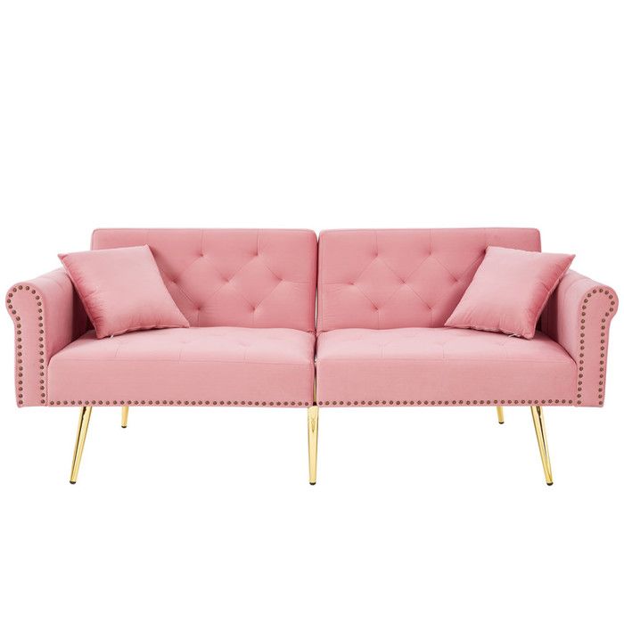 Canapé convertible 2 places–velours–Dossier réglable–Pieds en métal-Canapé - lit convertible fonction veille–Rose -173x75x70cm