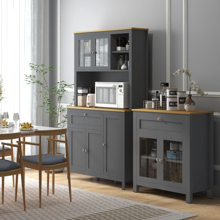 Armoire de cuisine buffet cuisine 5 portes dont 2 portes vitrées et 1 tiroir 1 niche centrale - hauteur 180 cm gris