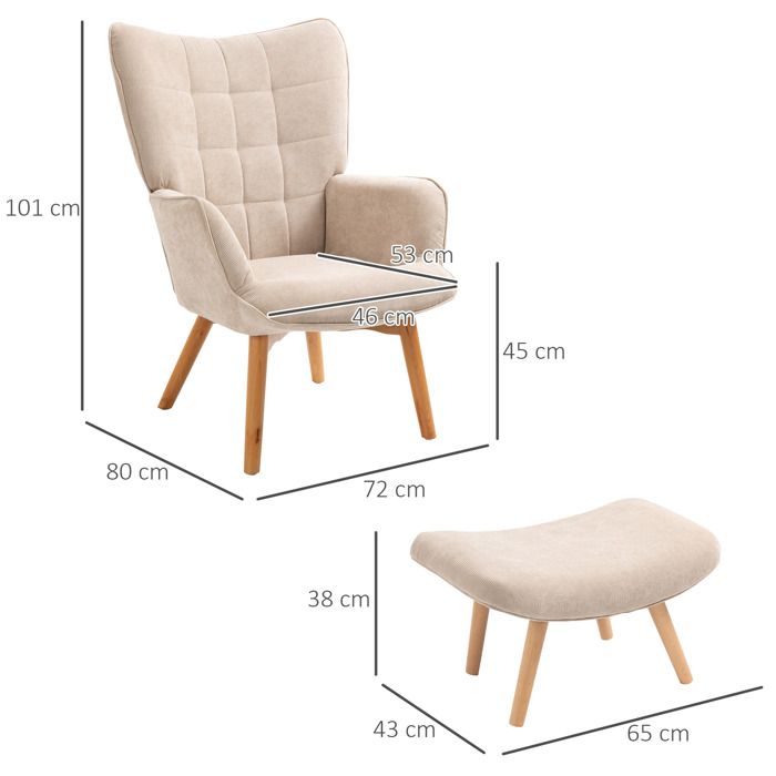 Fauteuil à oreilles avec pouf Fauteuil relax aspect velours côtelé Fauteuil avec accoudoirs Pieds en bois Fauteuil TV Beige pour le