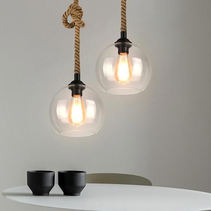 Suspension - SMOTOP - Lot de 2 Ø20 cm - Globe verre transparent - Corde de chanvre noire
