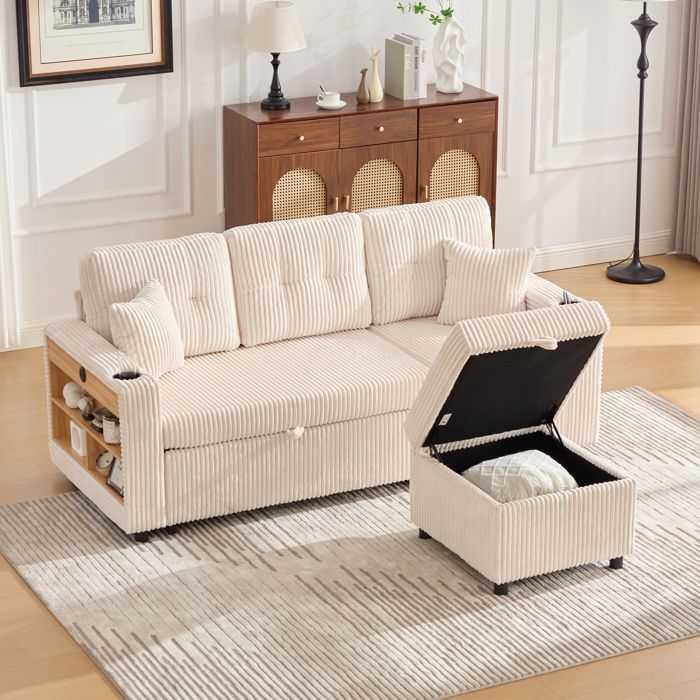 Canapé lit 3 places en velours corduroy avec ports USB-C et éclairage LED canapé dangle en L moderne avec repose-pieds beige Canapé lit 3 places en velours corduroy avec ports USB-C et éclairage LED canapé dangle en L moderne avec repose-pieds beige
