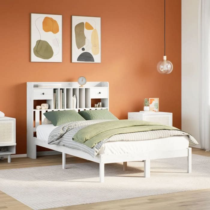 Lit bibliothèque sans matelas - UU - Blanc - Bois de pin massif - 135x190 cm - 218 5x141x110 cm - Sommier à lattes