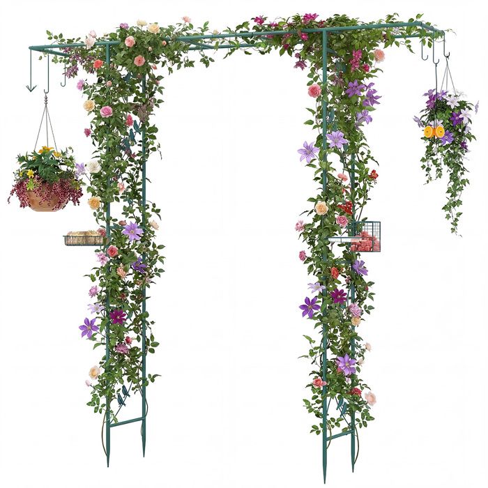 Arche de Jardin avec Treillis 212x40x213 cm COSTWAY-avec Bol dEau Plateau en Filet Mangeoire pour Attirer Oiseaux-7 Crochets-Vert