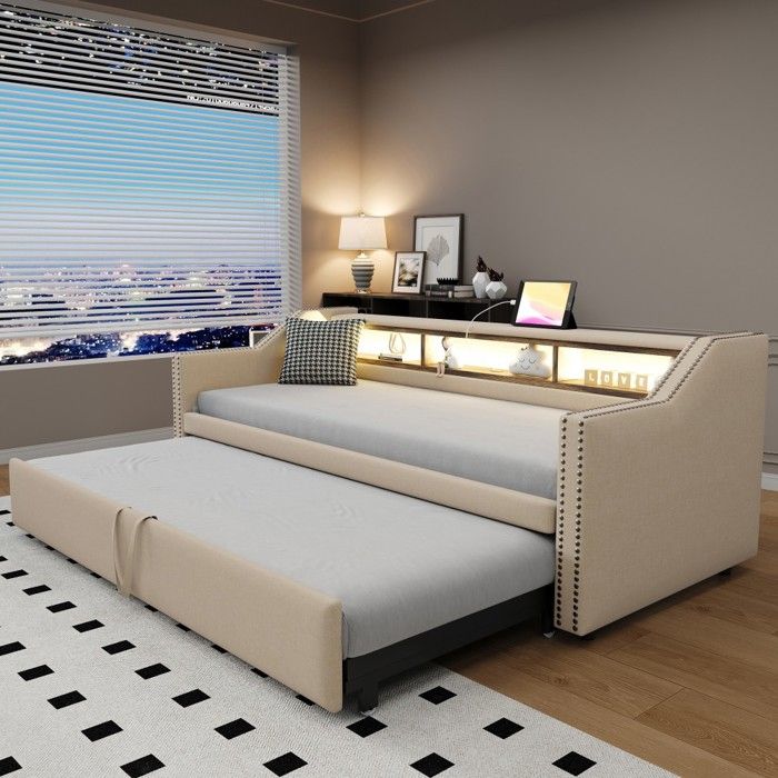 Lit capitonné 90/180x190cm avec canapé gigogne rangement éclairage LED prise USB et sommier à lattes beige 2 Matelas À Ressorts