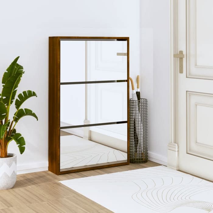 SALE 2026 Meuble à chaussures Brun - Armoire à chaussures miroir 3niveaux Chêne marron 63x17x102 5cm PRO808571503