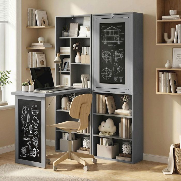 Tableau Rangement Bureau avec rangement pliable murale rabattable avec bibliothèque poste ...