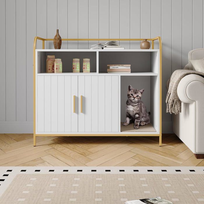 Meuble Cache Litière Chat Armoire Litière Chat Grand avec 2 Étagères de Stockage Panneau de Ventilation Anti-Odeur Blanc