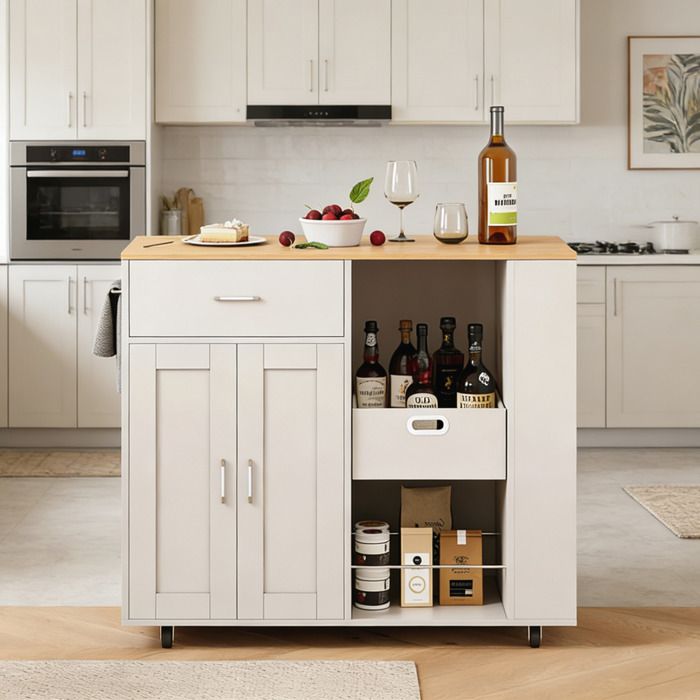 Buffet Cuisine Bas - Buffet Salle à Manger avec 4 Roulettes - Buffet Salon avec Rangement & Tiroirs - Buffet Bois Mobile - Blanc