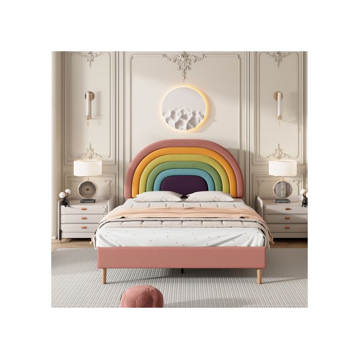 Lit rembourré 140x200cm (enfant arc-en-ciel) : sommier lattes bois tête de lit. Cadre sommier bois. Matelas non inclus.