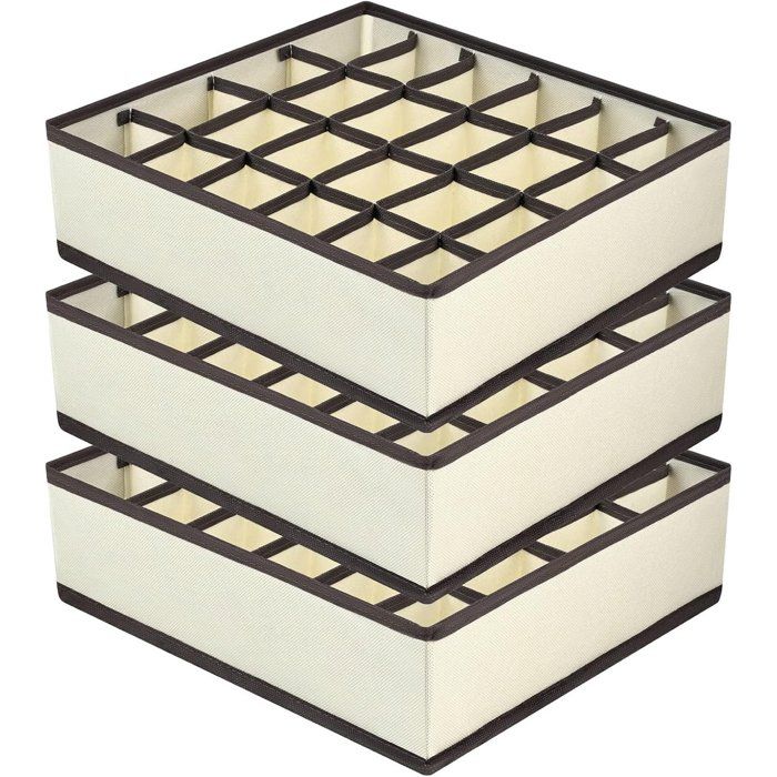 3 boîtes rangement 72 compartiments beige 30x30x9 cm chaussettes sous-vêtements