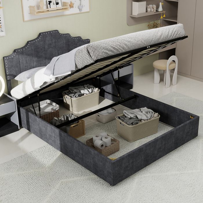 Lit Coffre Double 160x200 cm Lit Haut Avec Vérin Adulte Capitonné Sans Matelas Confort Optimal et Moderne Velours Gris