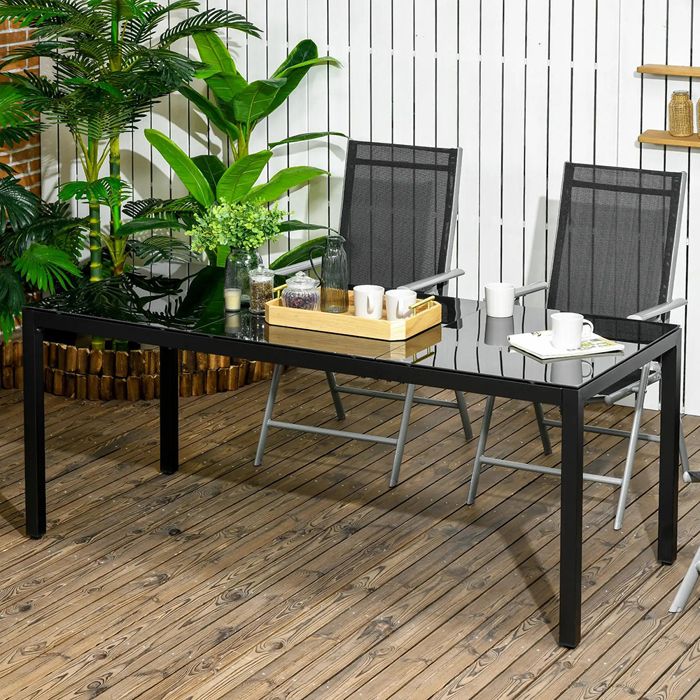 Table de jardin - Rectangulaire 180x80 cm - Noir - Plateau verre trempé 5 mm - Cadre aluminium