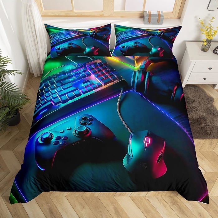 Ensemble de Literie Gaming 140x200Housse de Couette Casque Souris Clavier Manette de Jeu Motif pour Enfants Filles Garçons