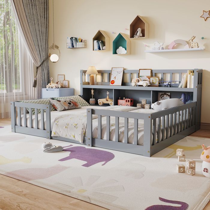 Lit enfant - URBANLUXE - 90x200 cm - Pin massif - Sommier à lattes - Étagères intégrées