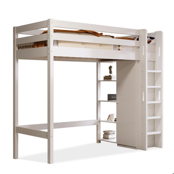 Lit mezzanine 90x200 blanc avec armoire et 6 étagères structure robuste et facile à monter sans matelas