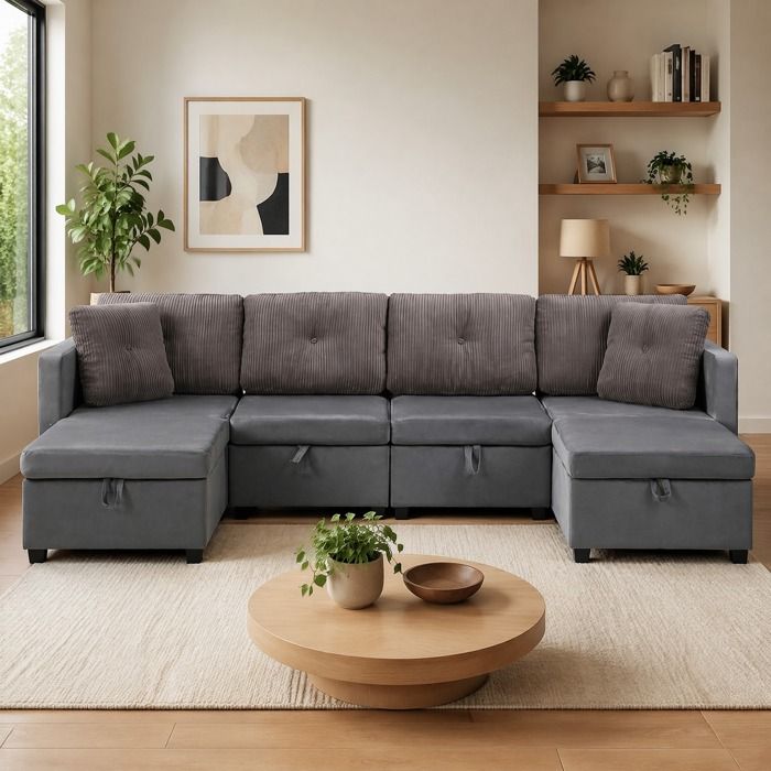 MEUVYX Canapé Panoramique en U 6 Places Coffres Convertible en Couchage Velours et Velours Côtelé Gris Antique