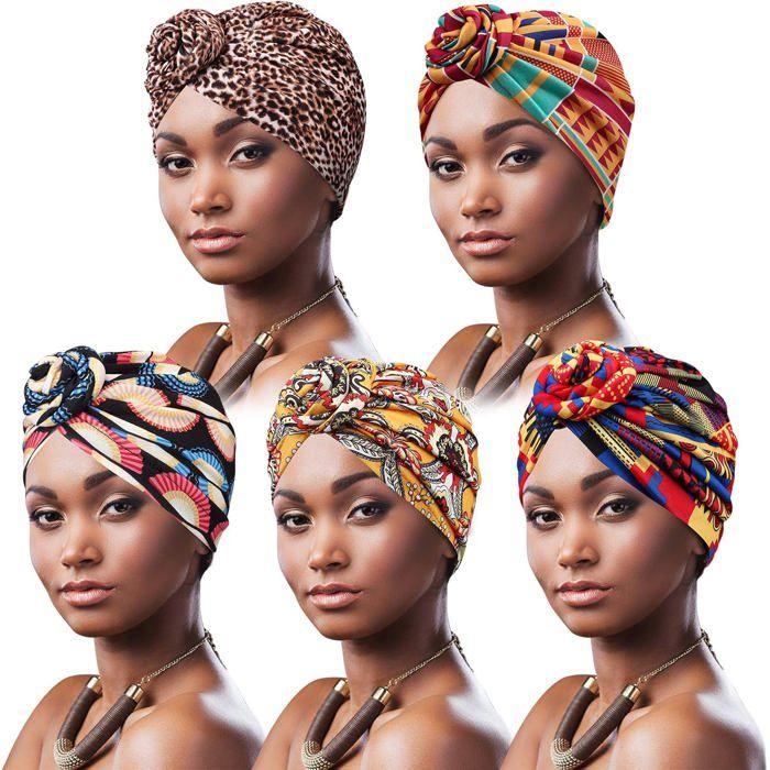 5 Pièces Turban Africain pour Femme Bonnet Pré-noué Bonnet Chimio Casquette de Perte de Cheveux Chapeau