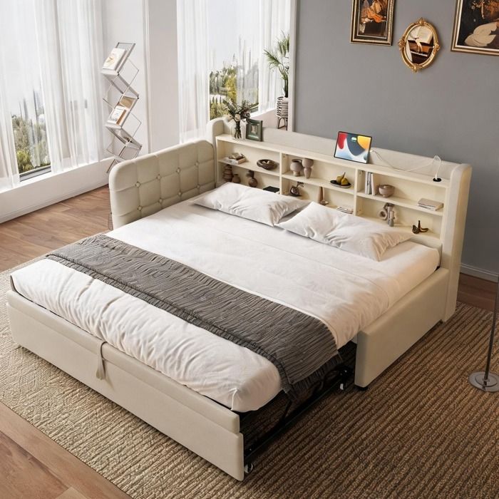 Daybed extensible 2 places en lin beige chaud 180x200 cm - Style rétro avec ports USB et Type-C