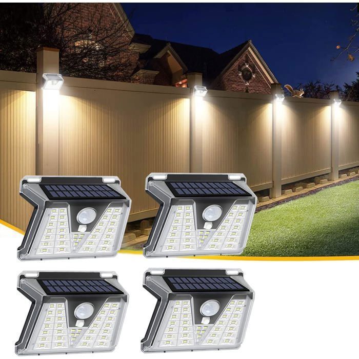 Lot 4 lampes solaires extérieur 33 LED détecteur mouvement IP65 étanche pour terrasse escalier cour