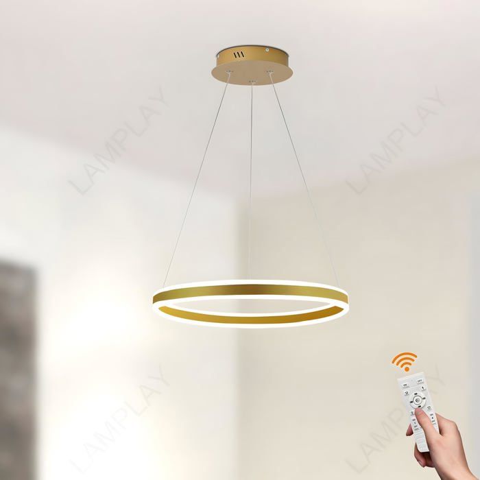 Lampe Suspendue Ronde Moderne À LED 1 Anneau Doré Intensité Variable Avec Télécommande 3000K-6000K Hauteur Réglable Pour Hall