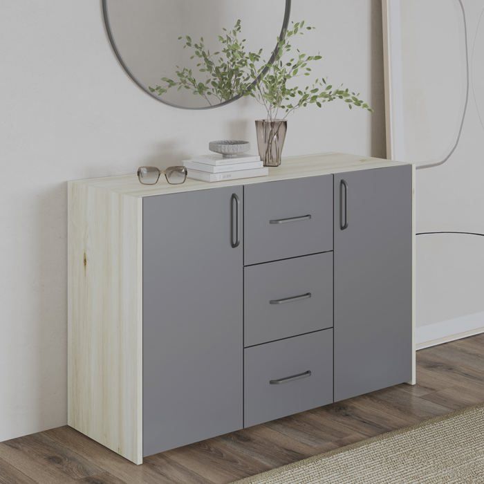 Commode haaus Malmo 3 tiroirs 2 portes chêne blanc/anthracite 120 x 42 x 80 cm