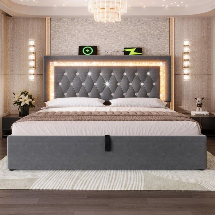 Lit 160x200 Gris - Capitonné Velours LED Diamant - USB-C Hydraulique Rangement - Sommier Lattes - Design Élégant (sans Matelas)