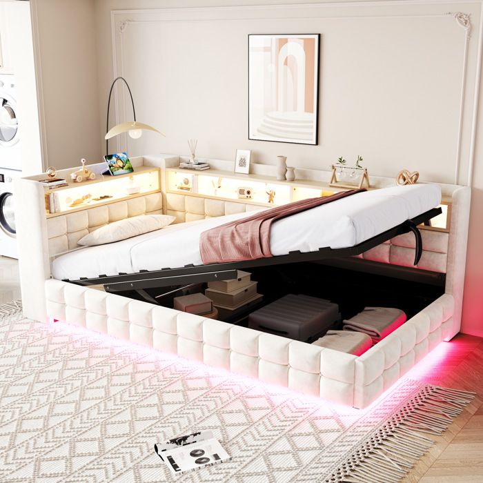 COVREO Lit combiné 90x200 cm avec coffre hydraulique étagères LED prises USB Type-C velours beige