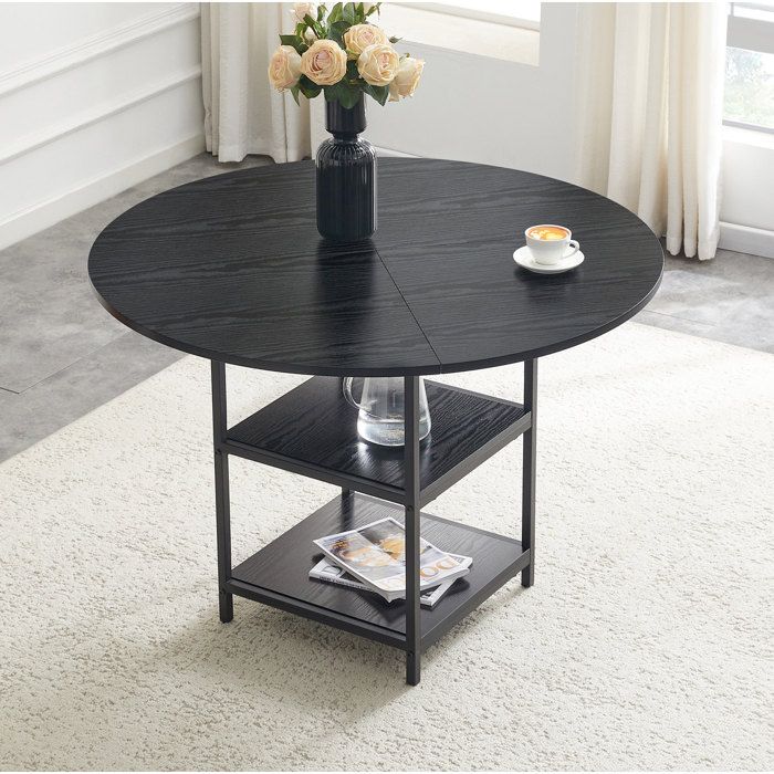 Table à manger ronde 107 cm noire avec double étagère ouverte plateau MDF aspect bois et métal 2 à 4 personnes ORVRYN