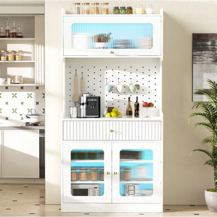Buffet haut de cuisine 3 portes 1 tiroir LED et étagères réglables - ELVMI - Blanc verre rainuré 80×40×180 cm