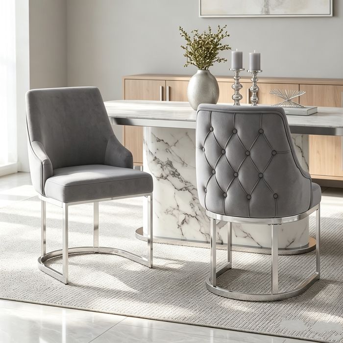 Chaise Salle à Manger Lot de 2 Chaise Cuisine en Velours Moderne Pieds de Chaise Plaqués Argent Tissu Velours Gris + Argent