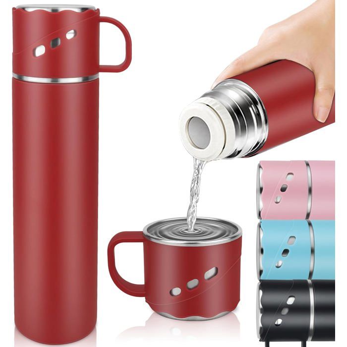 Gourde Isotherme Etanche Bouteille Isotherme Inox Double Paroi Isolée sous Vide 550ml Mug Isotherme Sans BPA avec Poignée et Tasse