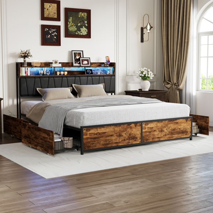 ADWOLT Lit double 180x200 avec 4 tiroirs lit en métal avec USB et LED lit pour adolescent avec sommier à lattes PU noir