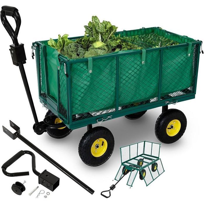 Chariot à Bras  Chariot de Jardin  avec pneus profilés  Charge Max. 550kg  Pliable  Vert  bâche Amovible  poignée