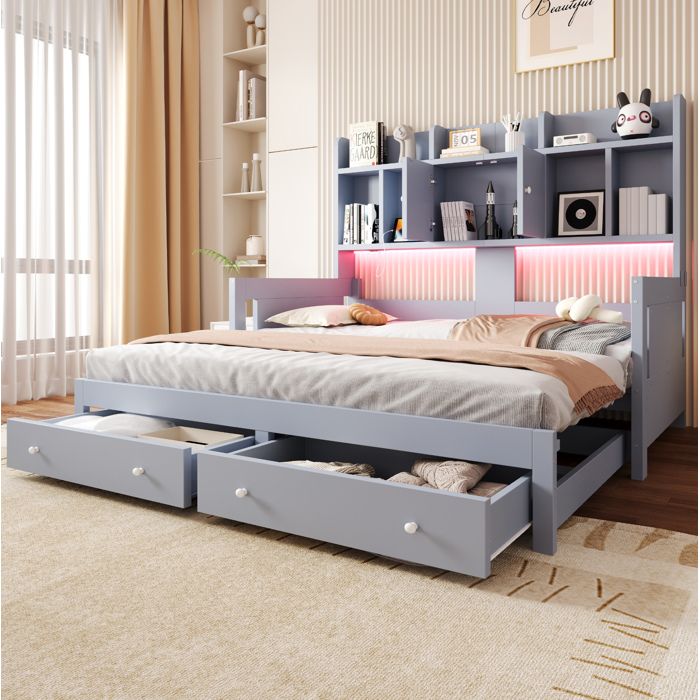 Lit combiné simple 90×190 cm et 180×190 cm 2 tiroirs prise et LED - YEAVIO - sans matelas bois gris