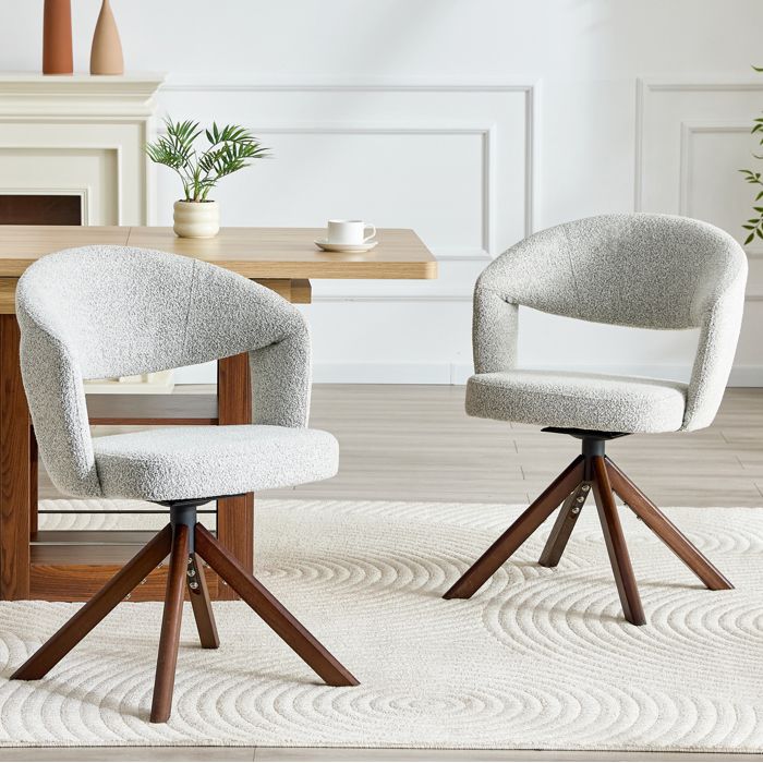 Lot de 2 chaises de salle à manger pivotantes 360° en tissu gris clair pieds en bois massif effet noyer