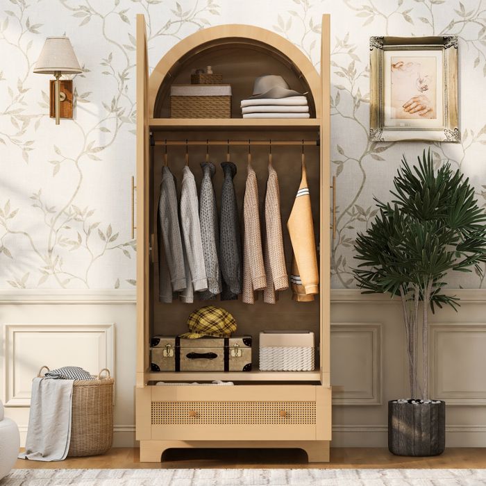 Armoire penderie 70 x 55 x 170 cm modèle à double porte avec tiroirs et compartiments de rangement portes en rotin synthétique