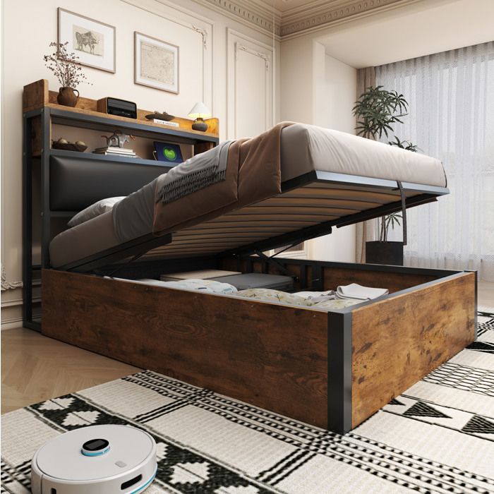 Lit coffre 90 x 200 cm en métal et bois tête de lit avec rangement USB intégrés style rétro noir