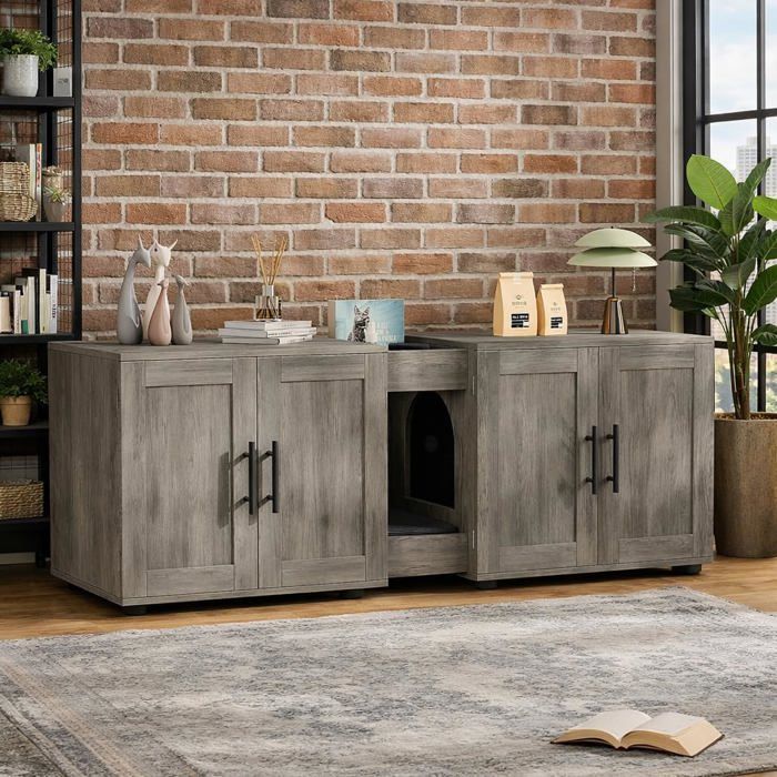 Maison double chats bac litière intégré gris 55in bois meuble salon