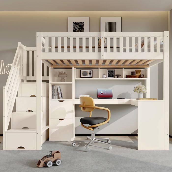 Lit mezzanine enfant 90x200 cm blanc avec bureau dangle armoire escalier rangements et tiroirs - structure bois peu encombrant