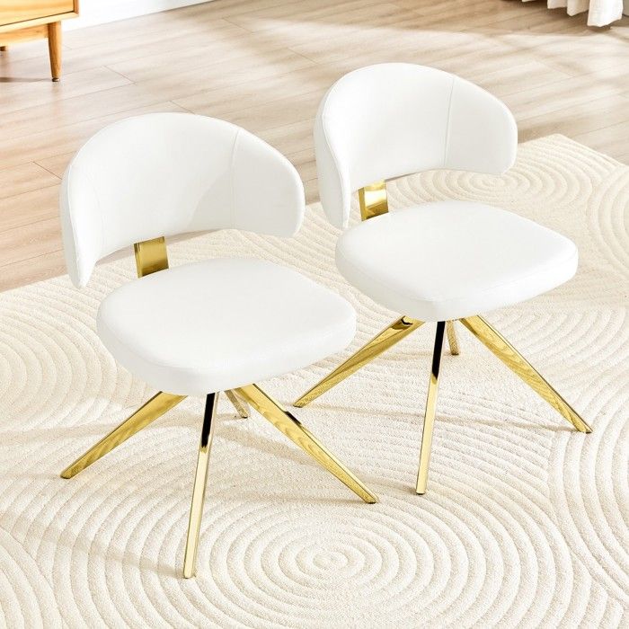 Lot de 2 chaises de salle à manger blanches pivotantes simili‑cuir dossier incurvé structure métal 45x50.5x77cm Lot de 2 chaises de salle à manger blanches pivotantes simili‑cuir dossier incurvé structure métal 45x50.5x77cm
