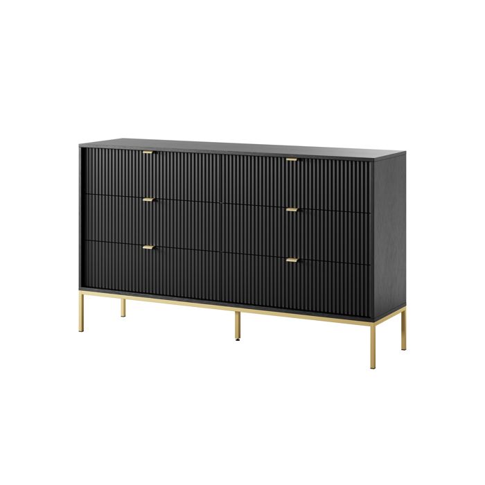 Commode - 3XE LIVING - 6 tiroirs - Noir & doré - MDF et panneau laminé - 154 x 39 x 83 cm