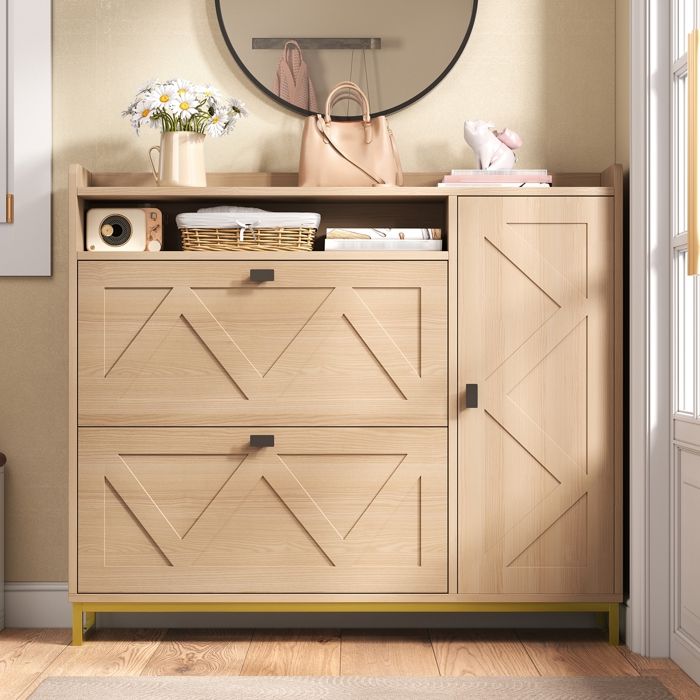 Meuble à chaussures pour entrée armoire à chaussures avec 2 tiroirs rabattables et armoire latérale 110x24x100cm Naturel