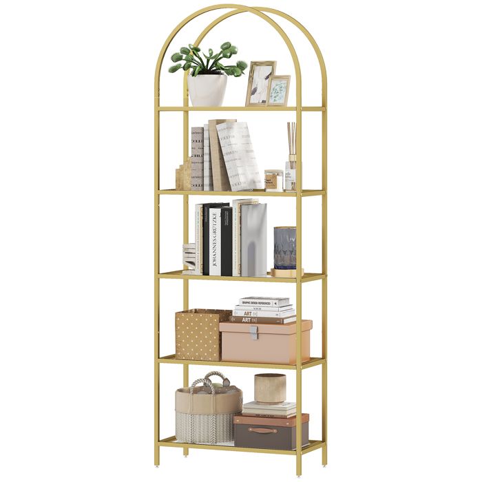 Bibliothèque arquée - Étagère de rangement 5 niveaux en verre trempé - 60 x 30 x 175 cm - Doré